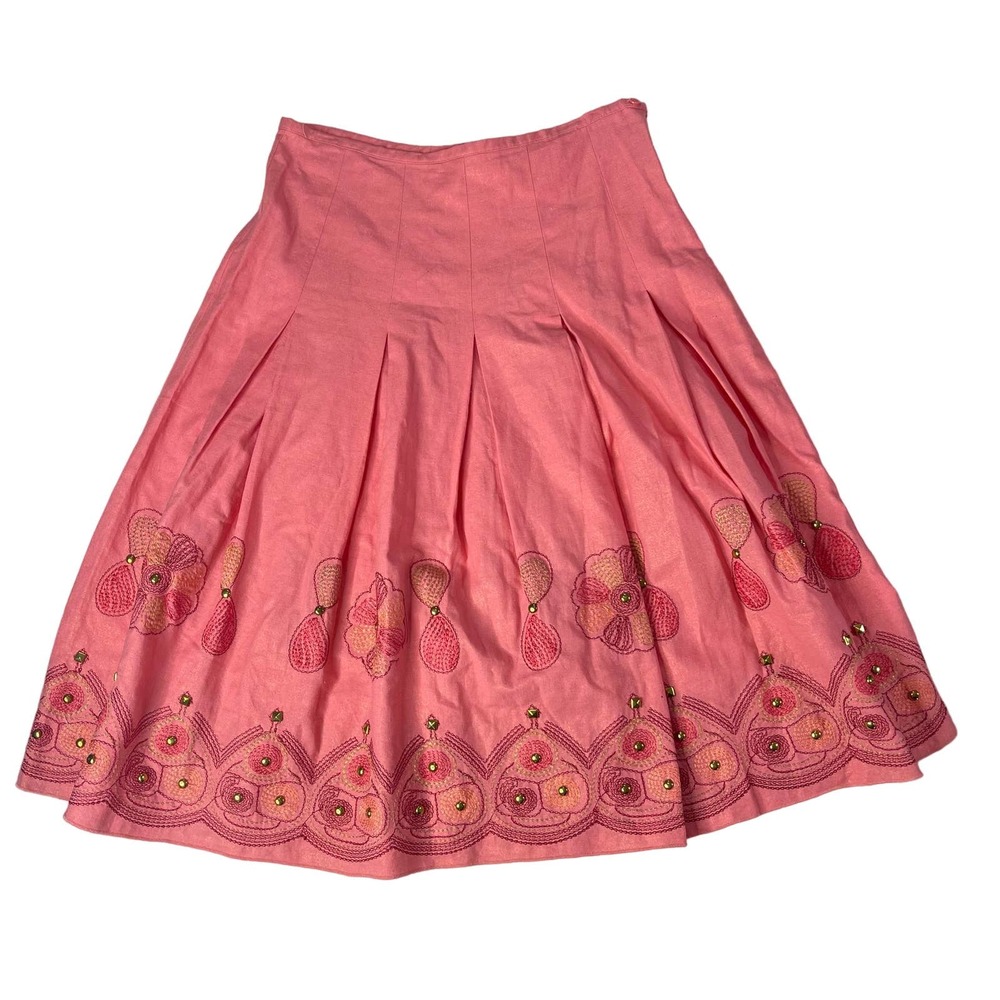 Ninety Size 10 Linen Blend Midi Pink Pleated Embroidered Embellishment Skirt